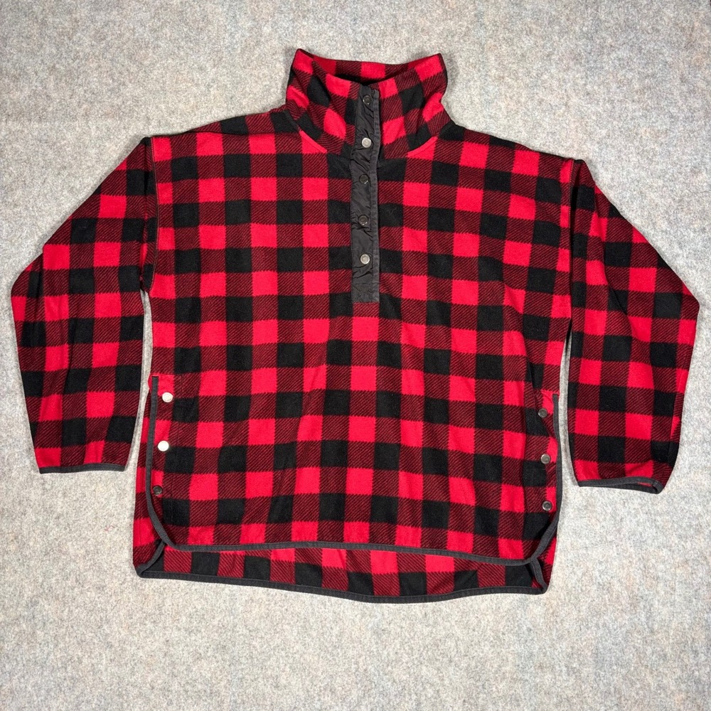 Chaps Fleece Pullover Women XL Red Black Buffalo Plaid Snap Neck Side Snap Top